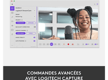 Charger l&#39;image dans la galerie, Capture d&#39;écran de l&#39;interface du logiciel Logitech StreamCam. Une femme est à l&#39;écran, souriante, avec un microphone.
