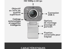 Charger l&#39;image dans la galerie, Une webcam blanche avec un objectif et de nombreuses fonctionnalités. Texte : &#39;HD 1080p à 60 ips&#39;.
