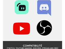 Charger l&#39;image dans la galerie, Quatre icônes d&#39;applications : Discord, Twitch, YouTube et Streamlabs. Texte : Compatibilité.
