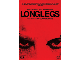Couverture du film Longlegs, avec Maika Monroe et Nicolas Cage. Fond rouge avec des yeux.