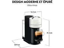 Charger l&#39;image dans la galerie, Une machine à café Nespresso noire et blanche avec des dimensions et du texte.
