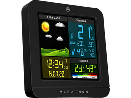 Une station météo noire affiche les données de prévision, extérieures et intérieures. Elle a un cadre noir.