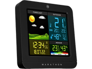 Une station météo noire affiche les données de prévision, extérieures et intérieures. Elle a un cadre noir.