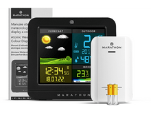 Charger l&#39;image dans la galerie, Une station météo noire avec un capteur blanc, un manuel et des piles sur une surface blanche.
