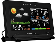 Charger l&#39;image dans la galerie, Une station météo noire avec un affichage numérique affichant des informations météorologiques.
