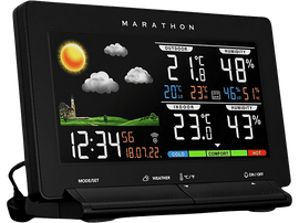 Une station météo noire avec un affichage numérique affichant des informations météorologiques.