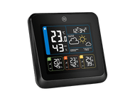 Station météo noire affichant la température, l'humidité, la pression atmosphérique et l'heure avec d'autres infos.