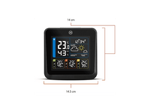 Charger l&#39;image dans la galerie, Une station météo noire affiche la température, l&#39;humidité, les icônes météorologiques et l&#39;heure, avec des dimensions.
