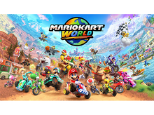 Charger l'image dans la galerie, Scène du jeu Mario Kart World avec des personnages en course de kart, un drapeau à damier et ciel ensoleillé.
