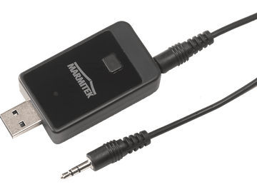 Adaptateur audio noir avec USB, prise jack 3,5 mm et câble. La marque est 'MARMITEK'.