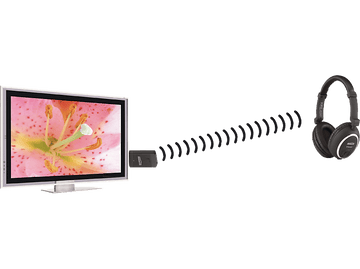 Un écran de télévision affichant une image de fleur avec des signaux sans fil vers des écouteurs.