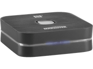 Un appareil Marmitek noir et rectangulaire. Il a un petit bouton et le logo Marmitek sur le dessus.