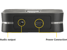 Charger l&#39;image dans la galerie, Appareil audio noir avec ports de sortie audio et de connexion d&#39;alimentation étiquetés.
