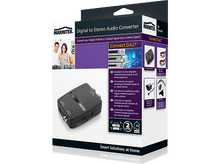 Charger l&#39;image dans la galerie, Boîte de convertisseur audio numérique vers stéréo. Blanc et gris avec du texte. Deux personnes en arrière-plan.
