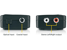 Charger l&#39;image dans la galerie, Appareil audio noir avec entrées optique et coaxiale. Sorties stéréo également affichées avec des étiquettes.
