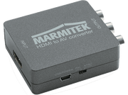 Boîtier convertisseur HDMI vers AV gris. Logo 'Marmitek'. Ports d'entrée et de sortie.