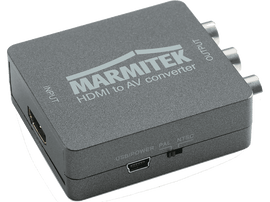 Boîtier convertisseur HDMI vers AV gris. Logo 