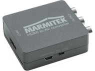 Boîtier convertisseur HDMI vers AV gris. Logo 'Marmitek'. Ports d'entrée et de sortie.