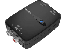 Charger l&#39;image dans la galerie, Boîtier de conversion audio noir avec entrées et sorties RCA et sortie optique. Étiquette Marmitek.
