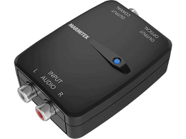Boîtier de conversion audio noir avec entrées et sorties RCA et sortie optique. Étiquette Marmitek.
