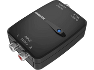 Boîtier de conversion audio noir avec entrées et sorties RCA et sortie optique. Étiquette Marmitek.