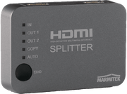 Répartiteur HDMI gris avec ports étiquetés : In, Out 1, Out 2, Copy, Auto et EDID. Marque Marmitek.