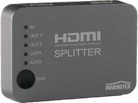 Répartiteur HDMI gris avec ports étiquetés : In, Out 1, Out 2, Copy, Auto et EDID. Marque Marmitek.