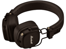 Charger l&#39;image dans la galerie, Casque Marshall noir. Écouteurs et bandeau en cuir, détails dorés et un logo.
