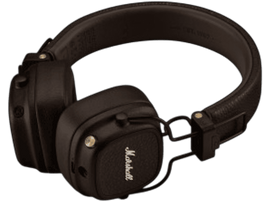 Casque Marshall noir. Écouteurs et bandeau en cuir, détails dorés et un logo.