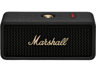 Enceinte Marshall noire avec logo doré et bande rouge.