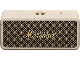 Haut-parleur Marshall crème avec grille dorée et logo Marshall.