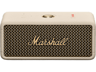 Haut-parleur Marshall crème avec grille dorée et logo Marshall.