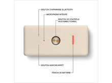 Charger l&#39;image dans la galerie, Haut-parleur crème avec des boutons, un bouton de contrôle et un indicateur de batterie. Des étiquettes de texte sont présentes.
