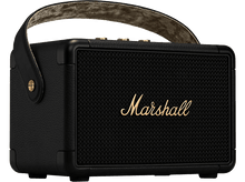 Charger l&#39;image dans la galerie, Enceinte portable Marshall noire avec poignée. Logo Marshall doré sur le devant.

