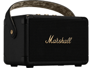 Enceinte portable Marshall noire avec poignée. Logo Marshall doré sur le devant.