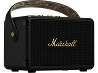 Enceinte portable Marshall noire avec poignée. Logo Marshall doré sur le devant.