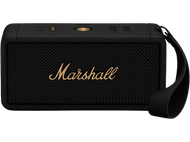 Haut-parleur Marshall noir avec logo Marshall doré et sangle, fond noir, vue en angle, commandes éclairées en haut.