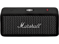 Haut-parleur Marshall noir avec façade en maille et bouton argenté dessus.