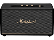Haut-parleur Marshall noir avec une grille en tissu noir et des accents dorés. Le logo Marshall est doré.