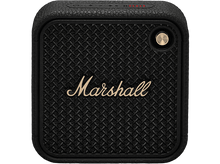 Charger l&#39;image dans la galerie, Haut-parleur Marshall noir avec façade tissée, détails dorés et le logo Marshall en lettres dorées.
