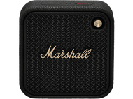 Haut-parleur Marshall noir avec façade tissée, détails dorés et le logo Marshall en lettres dorées.