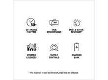 Charger l&#39;image dans la galerie, Fond blanc avec six icônes décrivant les fonctionnalités du produit, y compris la durée de jeu, le son stéréo, la résistance à l&#39;eau et la banque de charge.
