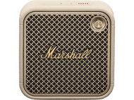 Haut-parleur Marshall beige avec façade en mesh doré et lettrage Marshall. Le dessus a des lumières rouges.