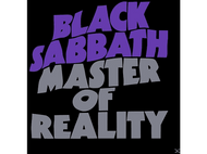 Pochette d'album avec 'Black Sabbath Master Of Reality' en texte violet et gris sur fond noir.