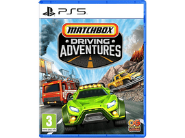 Pochette du jeu Matchbox Driving Adventures PS5. Montre des véhicules sur une route avec un paysage de montagne.
