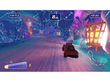 Charger l&#39;image dans la galerie, Un camion tout-terrain rouge course dans une grotte avec des formations de cristaux bleus et violets et des torches de feu.
