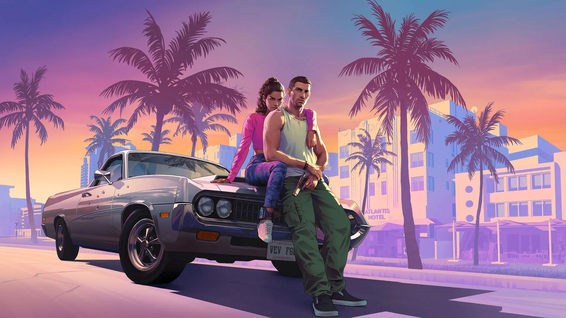 Image de présentation de GTA 6. Un homme et une femme sont assis sur le capot d'une voiture. 