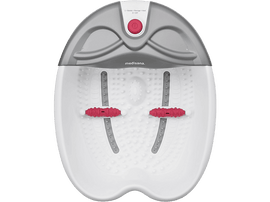 Un spa pour les pieds blanc et gris avec des rouleaux rouges. Le fond est noir.