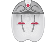 Un spa pour les pieds blanc et gris avec des rouleaux rouges. Le fond est noir.