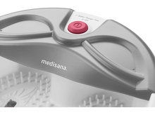 Charger l&#39;image dans la galerie, Un bain de pieds gris avec un bouton rouge et le mot &quot;medisana&quot; dessus.
